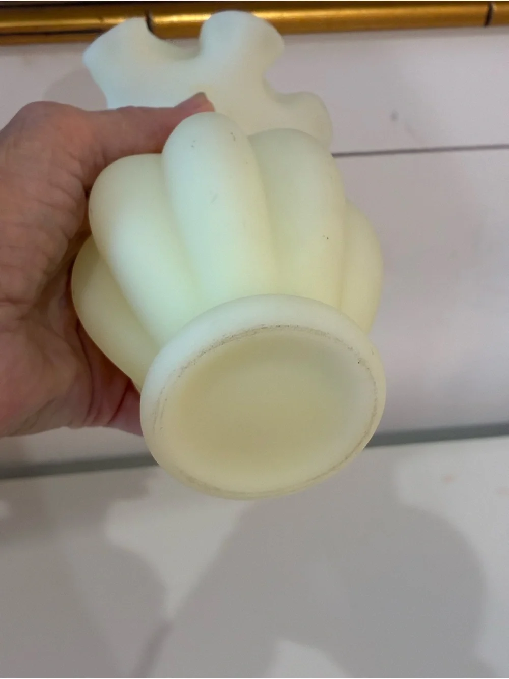 Vintage Fenton Satin Custard Uranium Glass Ruffled Melon Vase - GLOWS!
